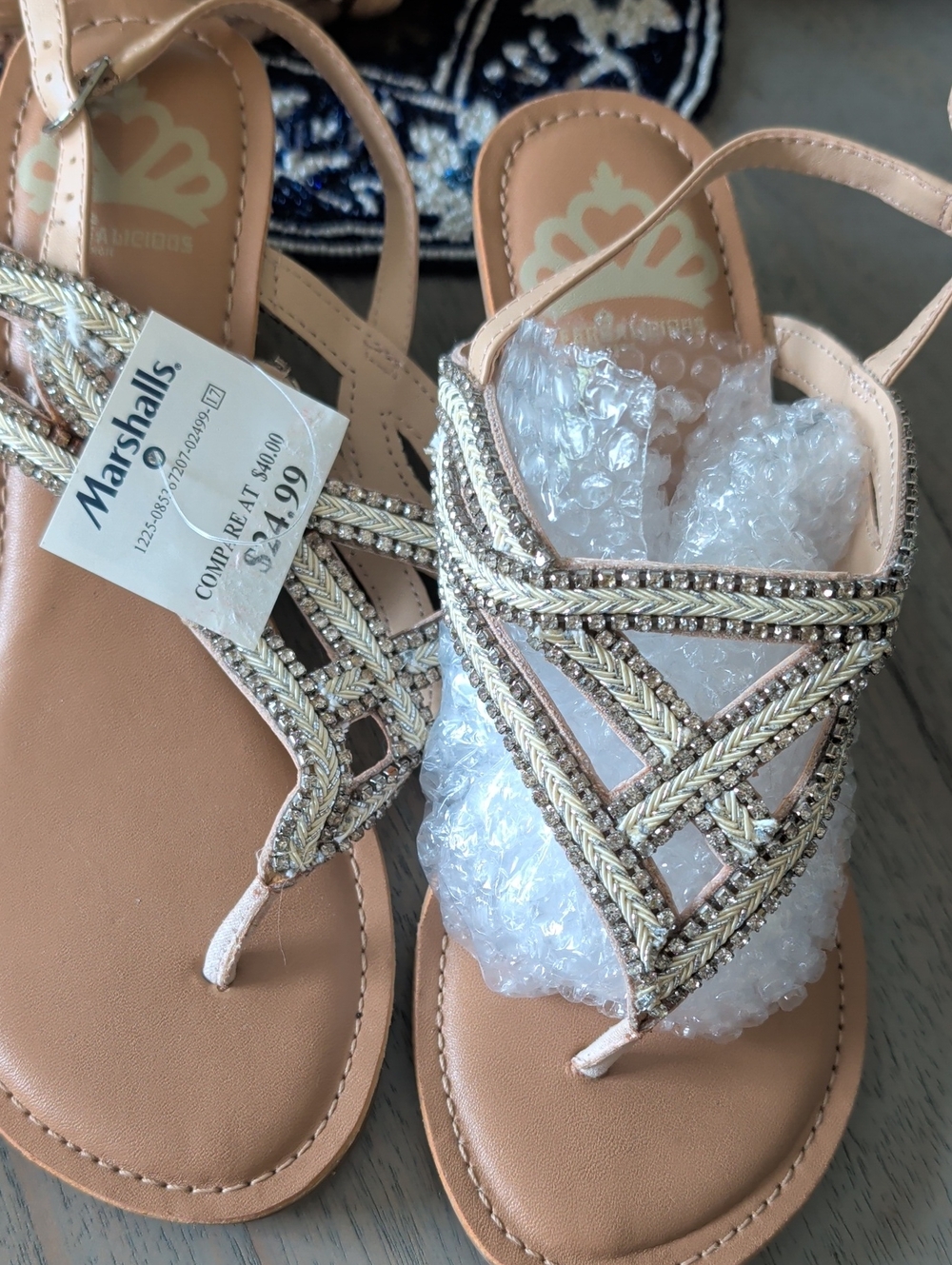 Beige Braided Metallic Thong Sandals with Gold Accents